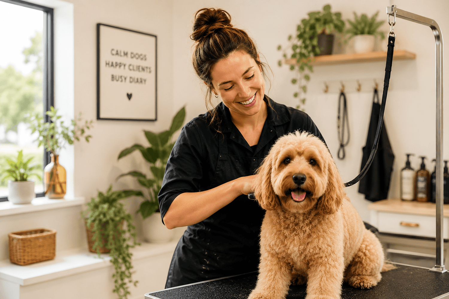 Dog groomer smiling while grooming a dog in a calm salon