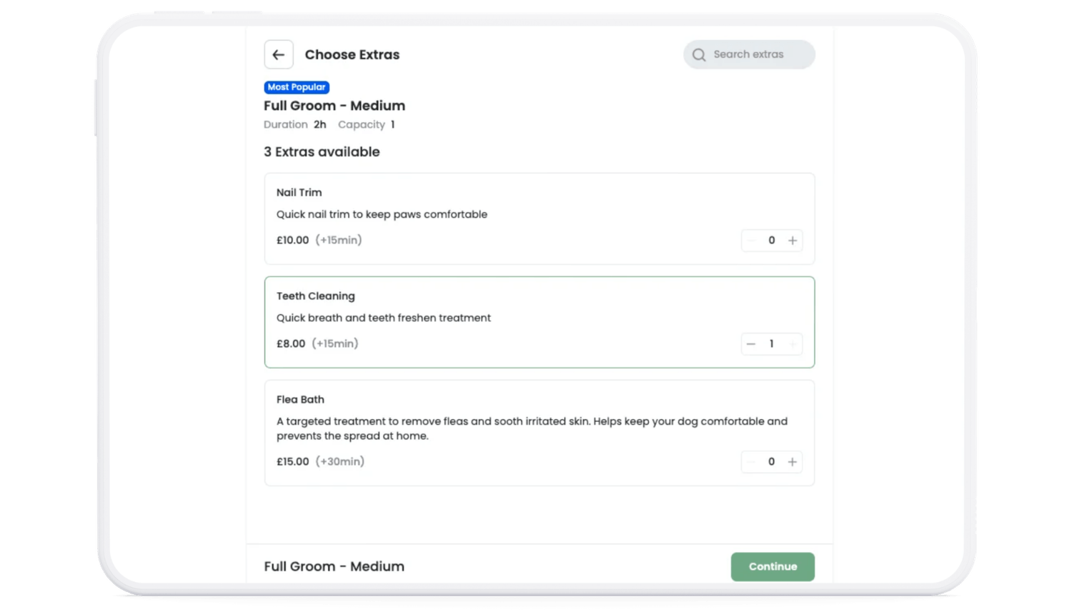 Client adding extras and confirming a dog grooming booking