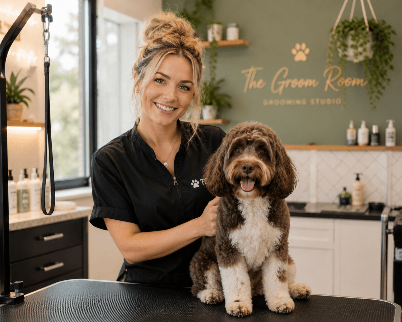 Dog groomer holding a freshly groomed dog in a modern salon