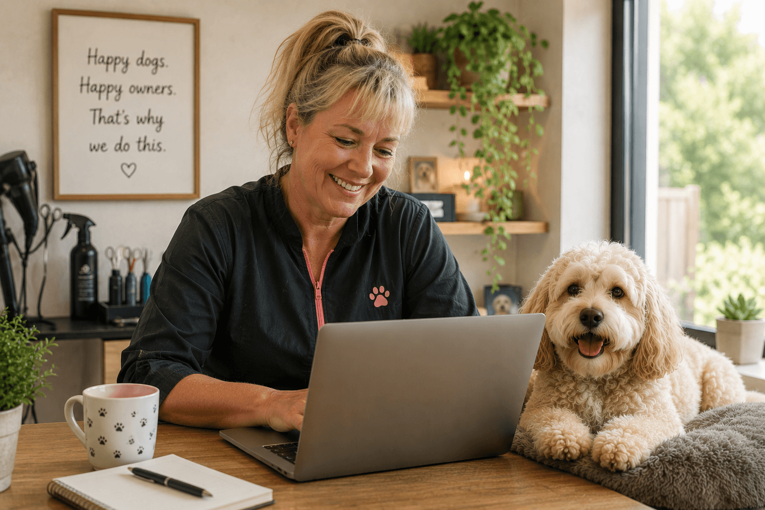 Independent dog groomer calmly managing her business with her dog nearby