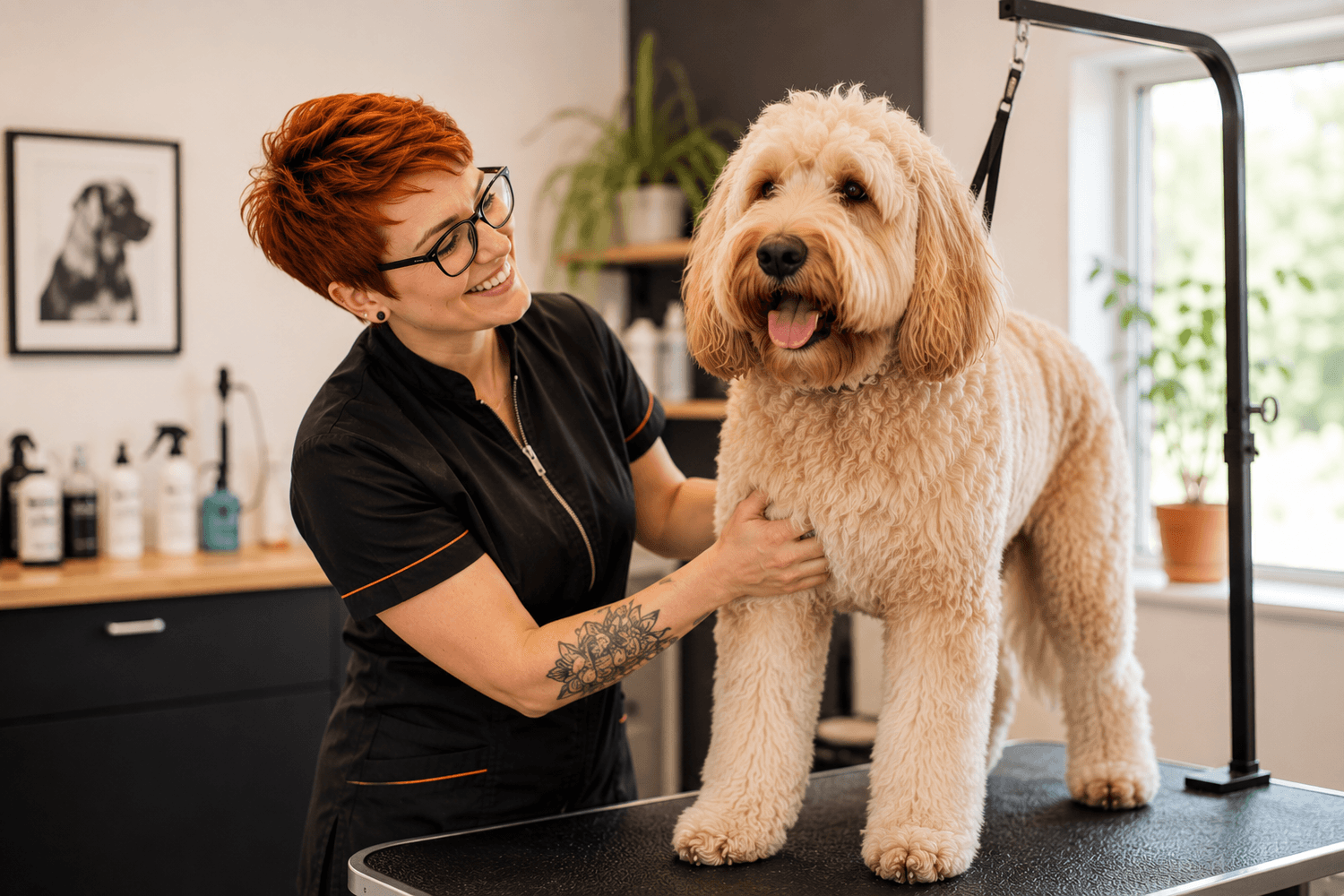 Newly qualified dog groomer confidently grooming a large dog