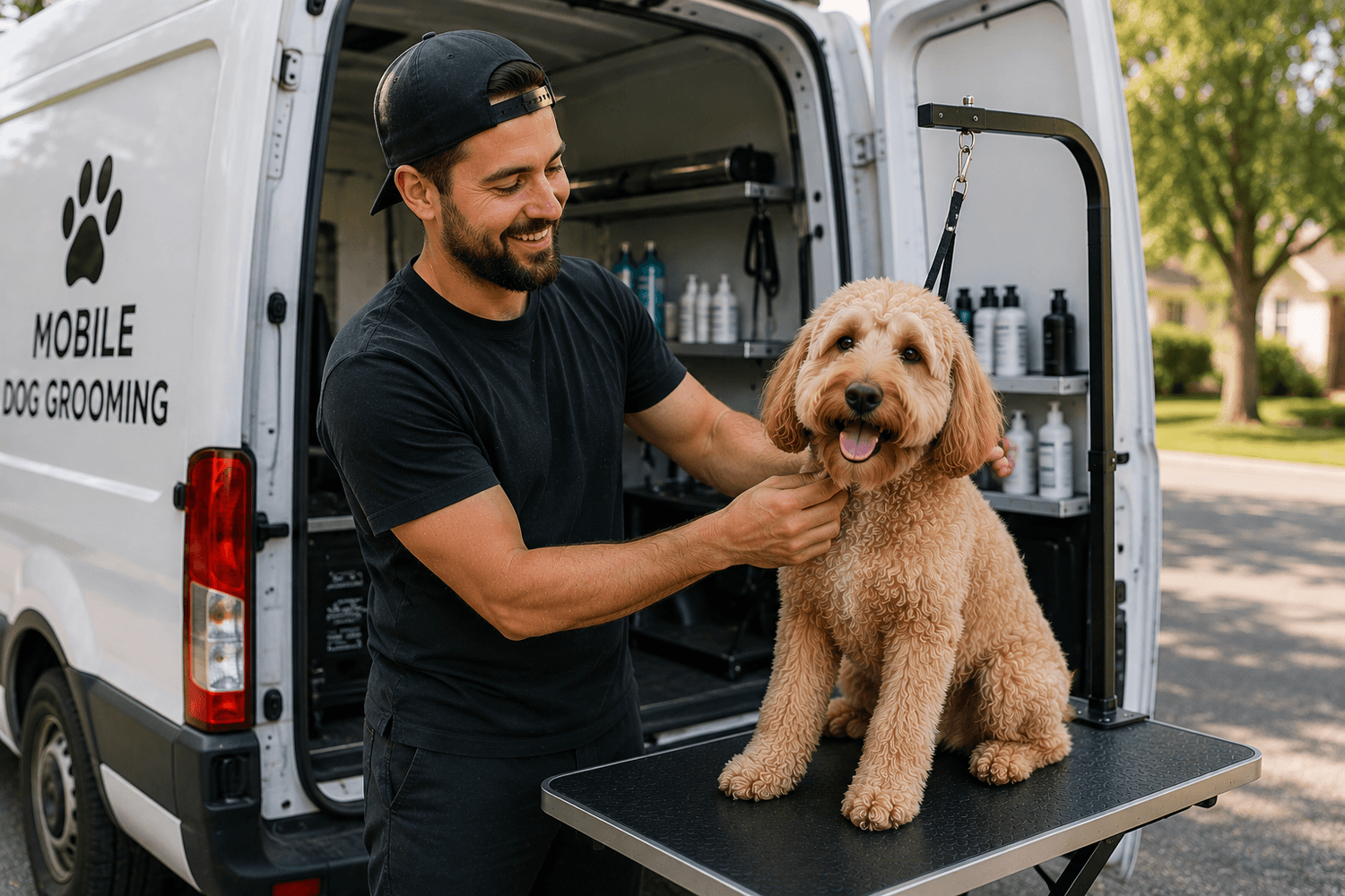Mobile dog groomer outside grooming van