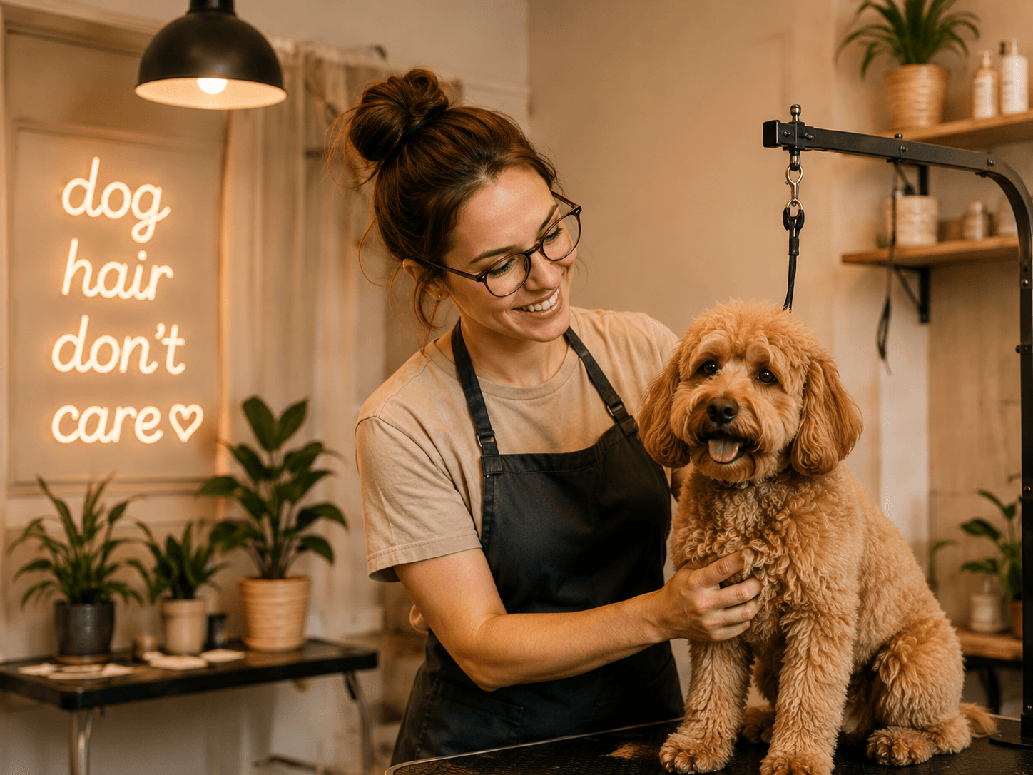 Home salon dog groomer with dog