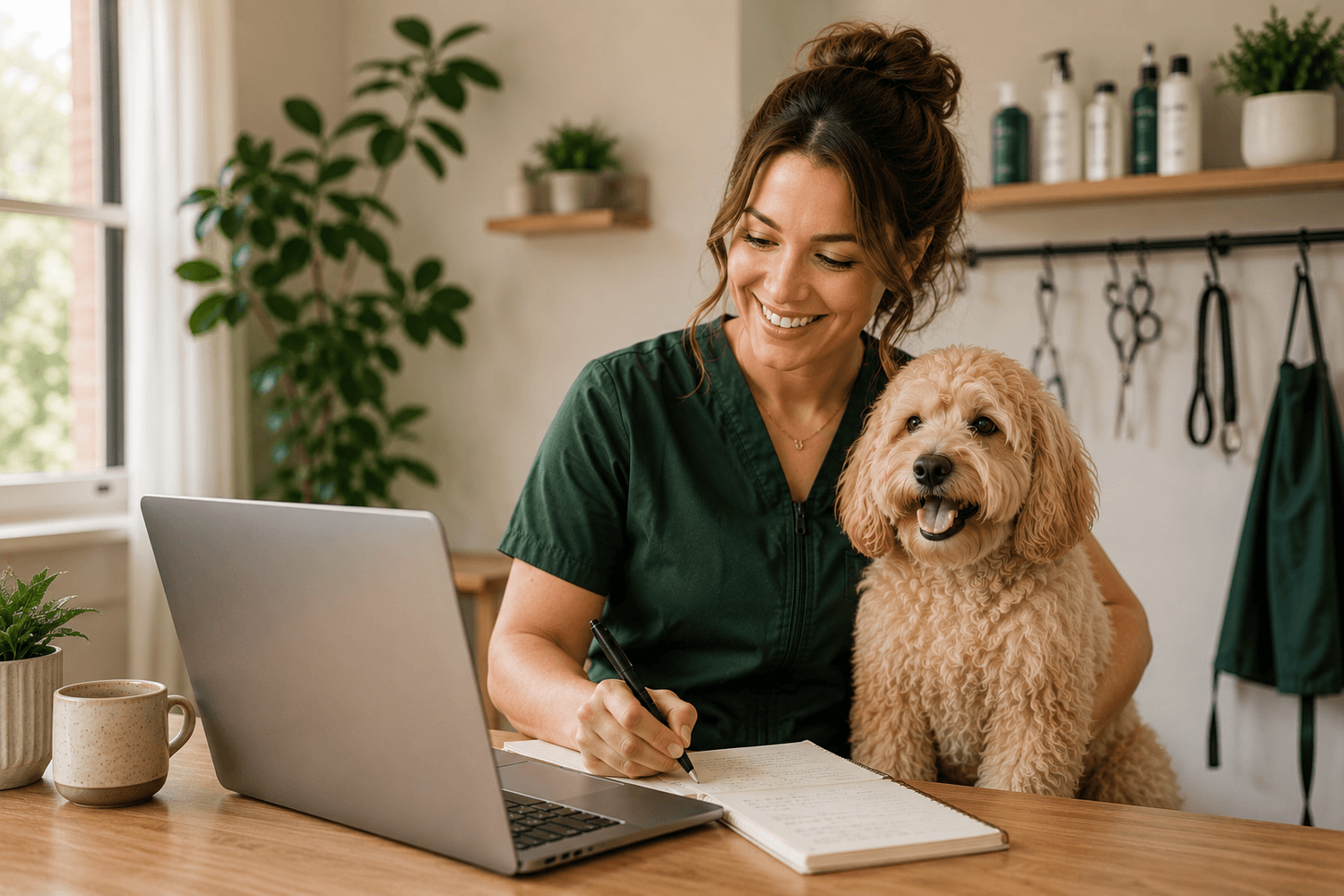 Groomer preparing her business with a dog beside her