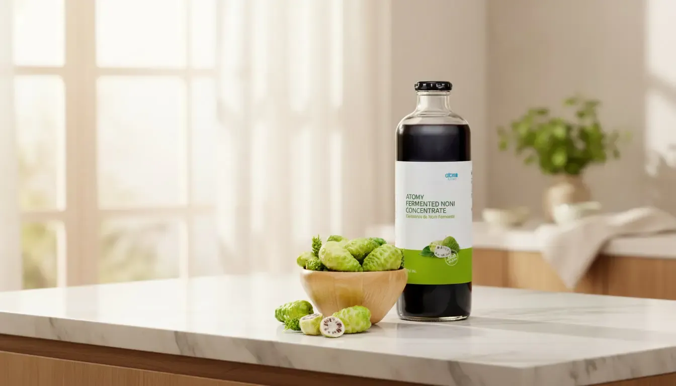Atomy fermented noni concentrate with fresh noni fruits in a natural bright setting