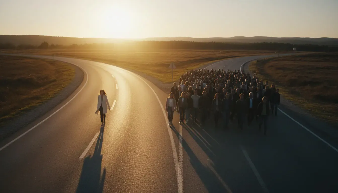 One person choosing a different path while a crowd follows the same direction