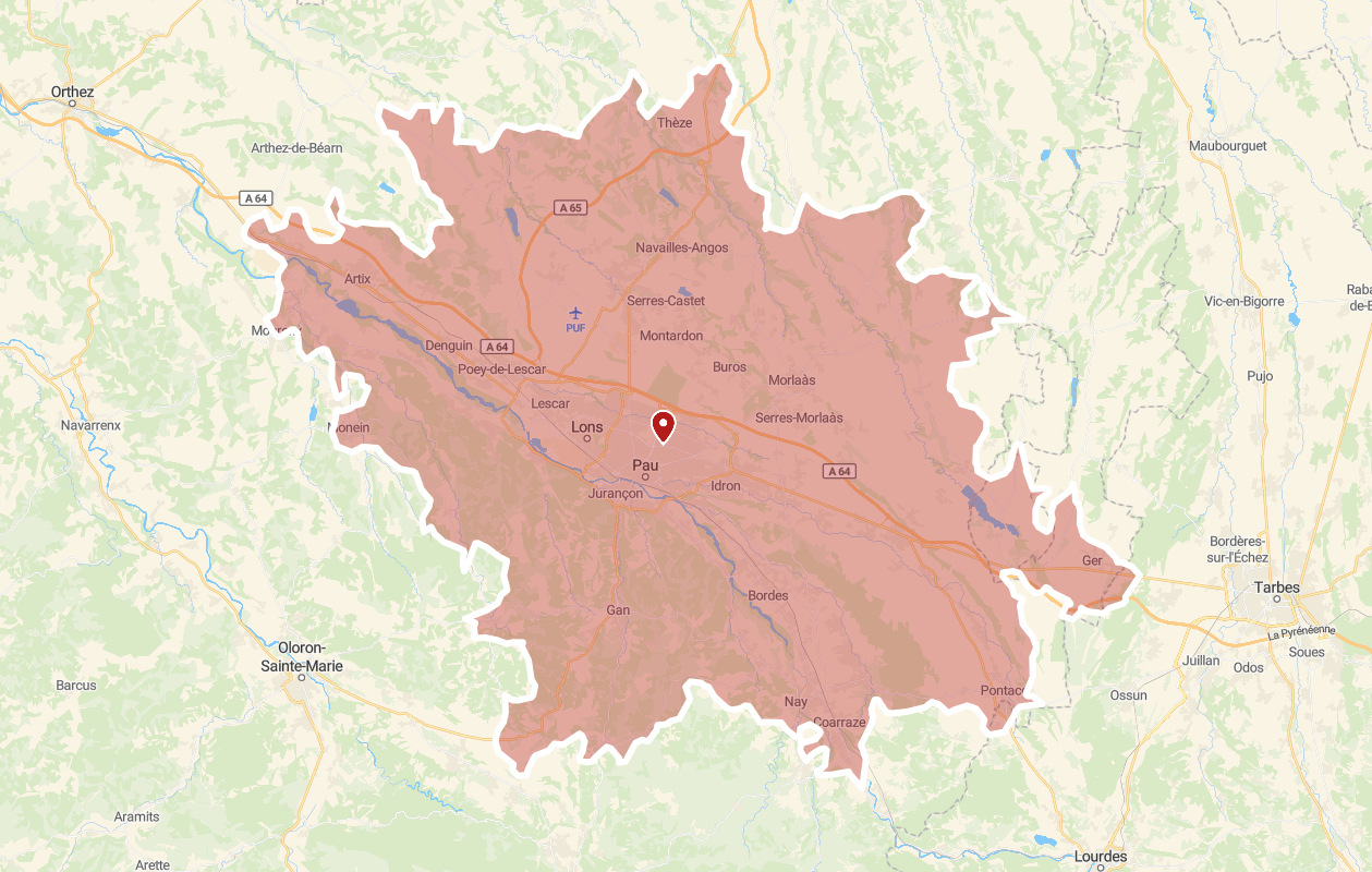 Carte de Pau et ses environs, qui montre la zone d'intervention de Viralab