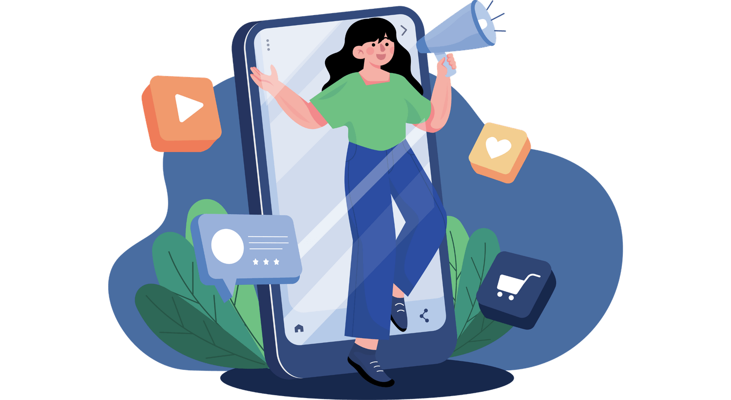 illustration d'un community manager qui sort d'un smartphone