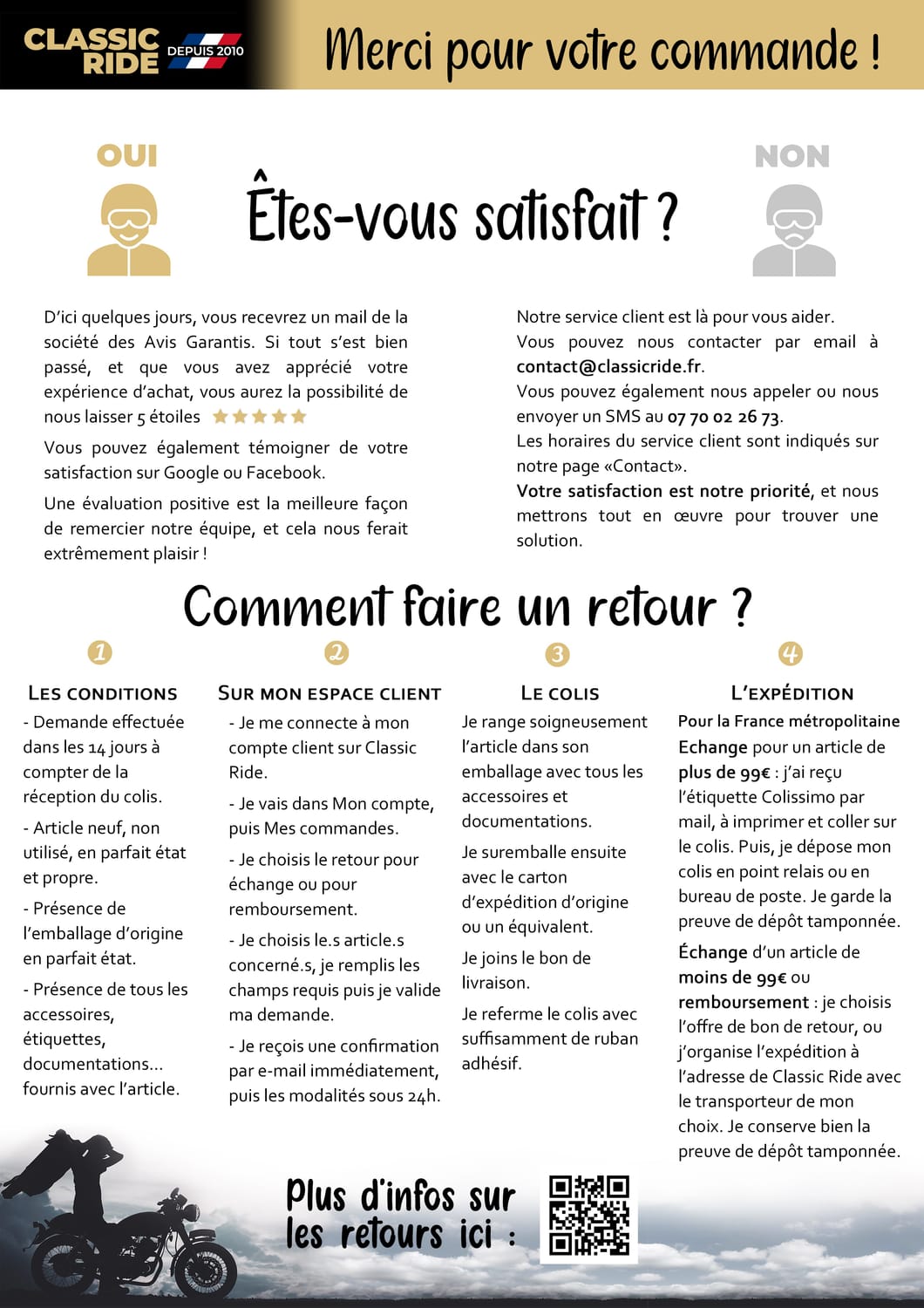 fiche d'explication pour un retour chez Classic Ride