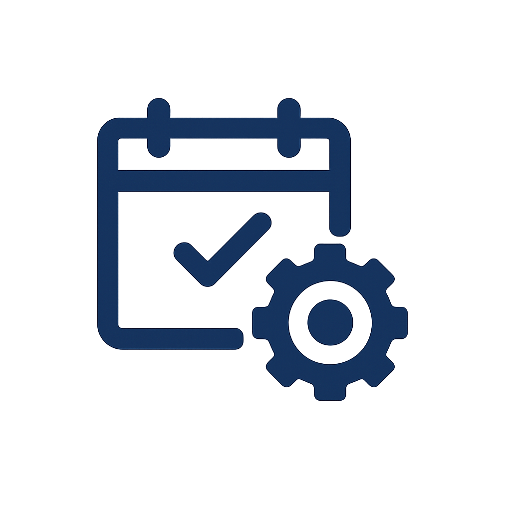 Ícono de calendario y engranaje que representa operatividad fuera de horario para servicios topográficos y mineros del Ingeniero Joao en Panamá.