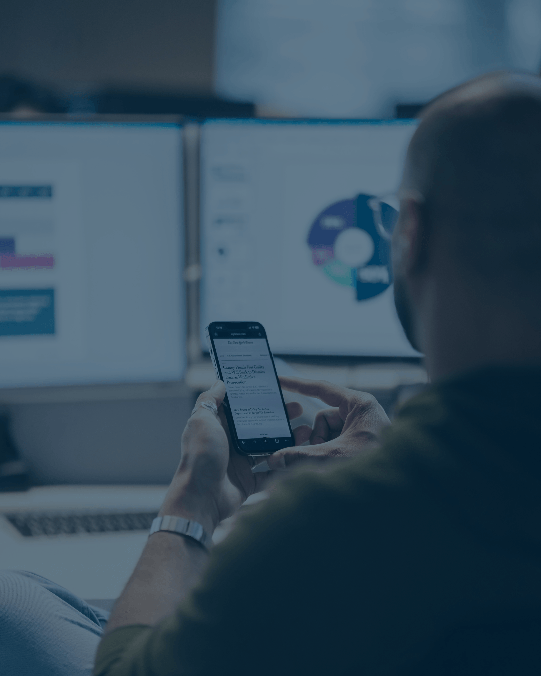 Mann som leser innhold på mobiltelefon foran to skjermer med dashbord og datavisualisering – illustrerer digital markedsføring og analyse