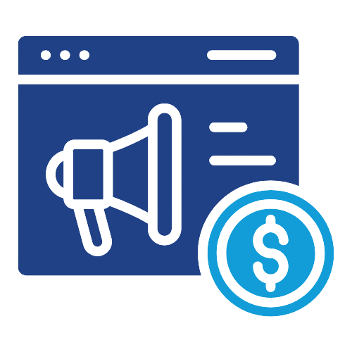 Illustrasjon av nettside med megafon og dollartegn – illustrerer betalt annonsering og digital markedsføring