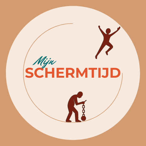 Logo van Mijn SCHERMTIJD: een cirkelvormig ontwerp met twee gestileerde menselijke figuren. Bovenin een figuur die springt met opgeheven armen, symbool voor vrijheid en energie. Onderin een figuur gebogen en vastgeketend aan een zware bal, wat schermverslaving of digitale belasting uitbeeldt. De tekst 'Mijn SCHERMTIJD' staat centraal, met 'Mijn' in speelse teal-kleurige cursieve letters en 'SCHERMTIJD' in stevige oranje hoofdletters.