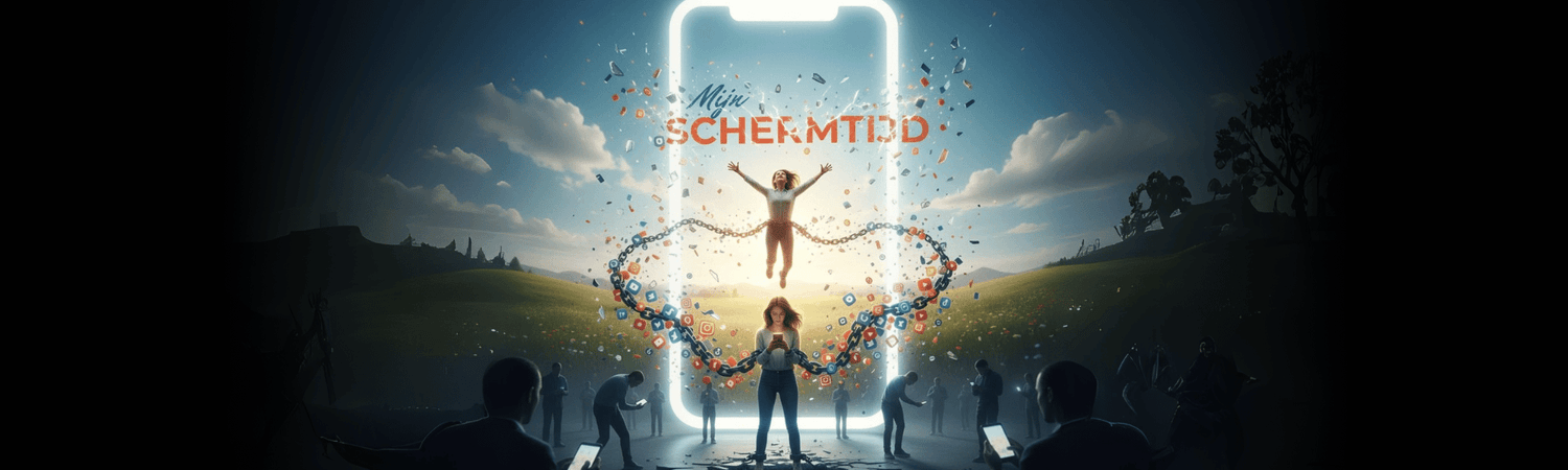 onderaan mensen die verslaafd zijn aan hun scherm. Bovenaan een vrouw die losbreekt