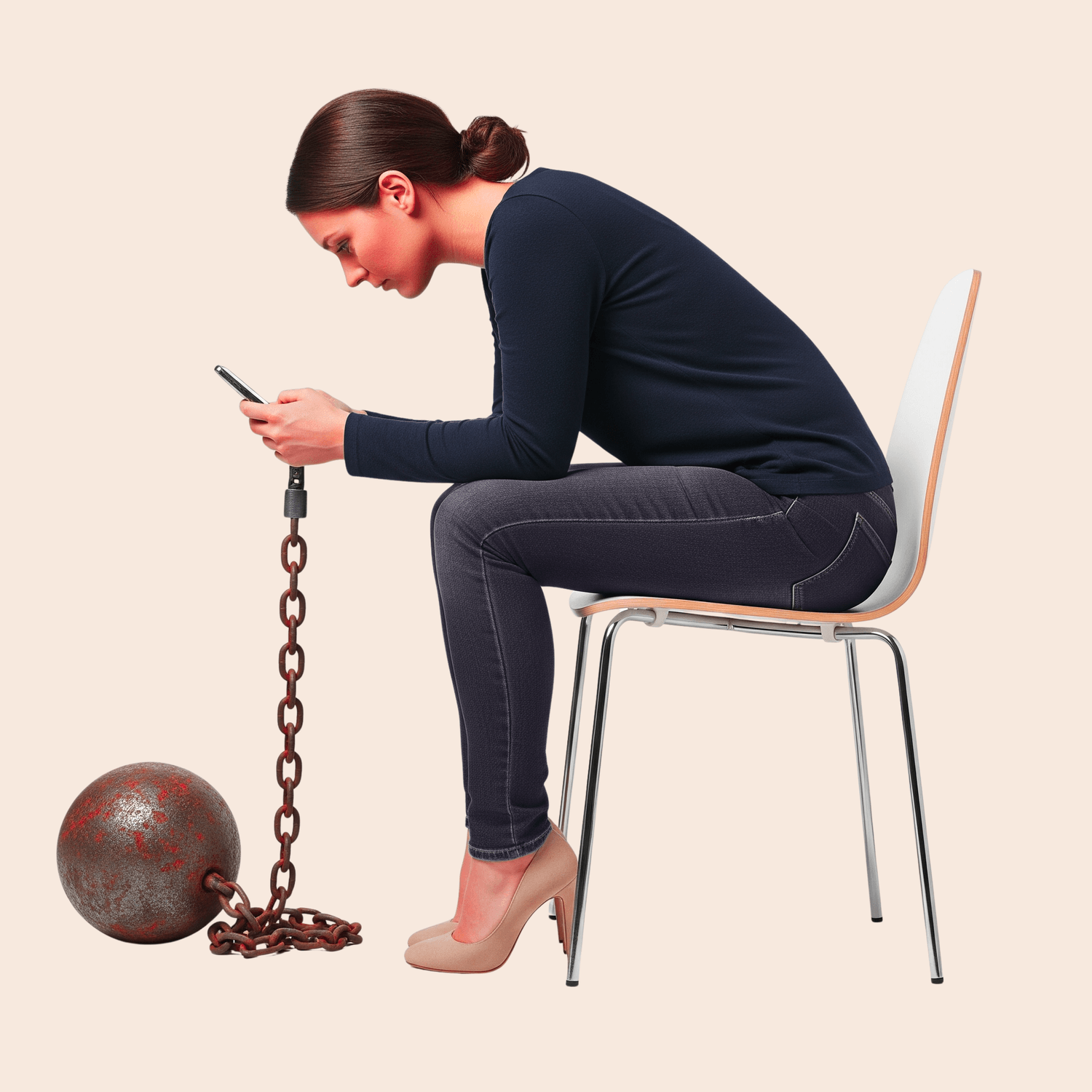 Vrouw zit voorovergebogen over haar telefoon. Aan haar telefoon zit een ketting met een ijzeren bal