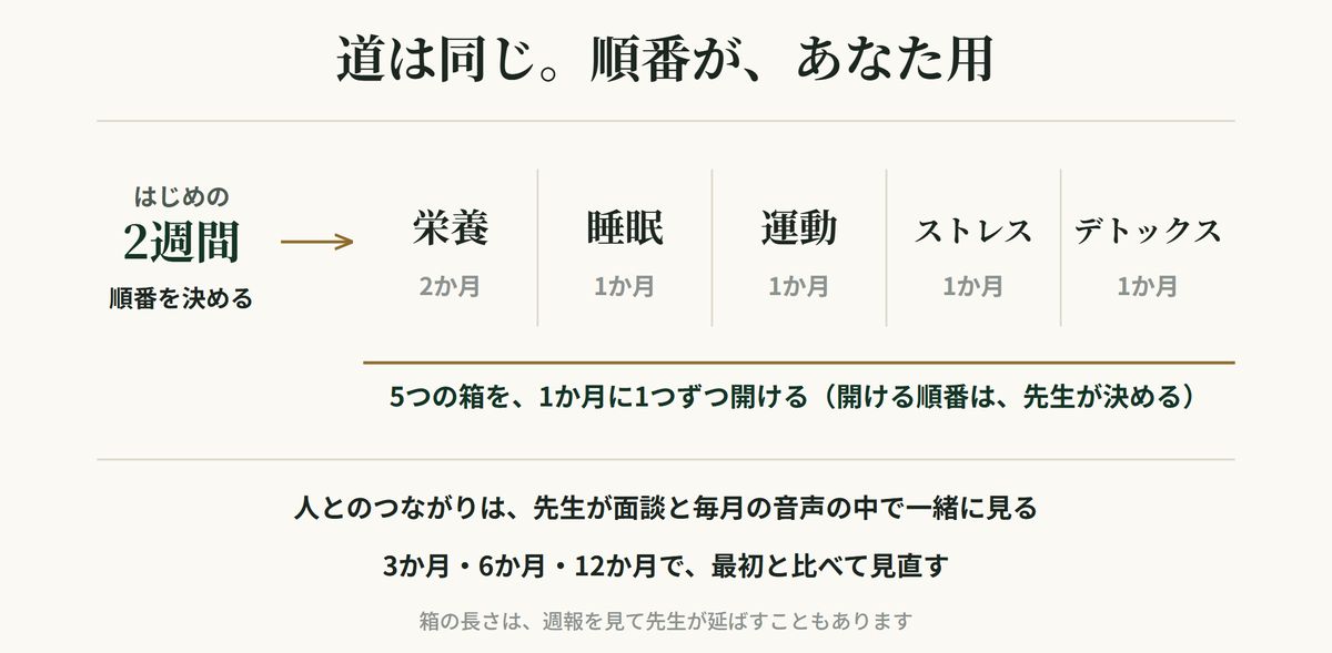 はじめの2週間のあと、栄養・睡眠・運動・ストレス・デトックスの箱を1か月に1つずつ