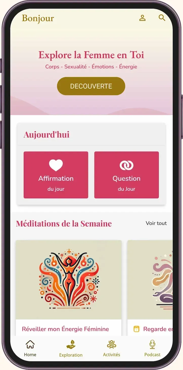 Écran d’accueil de l’application FeminiSens – affirmation, question du jour et méditations