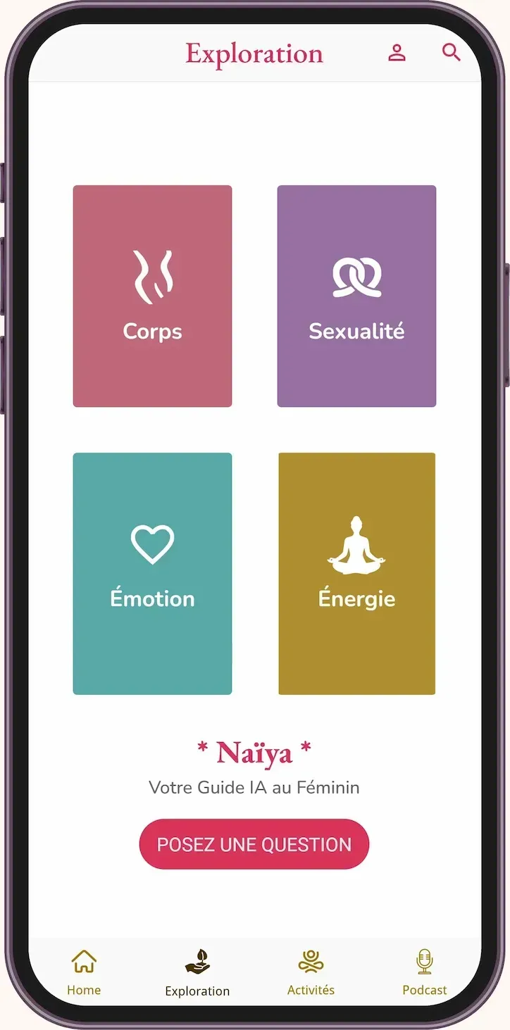 Menu Exploration de l’application FeminiSens – Corps, Sexualité, Émotions et Énergie