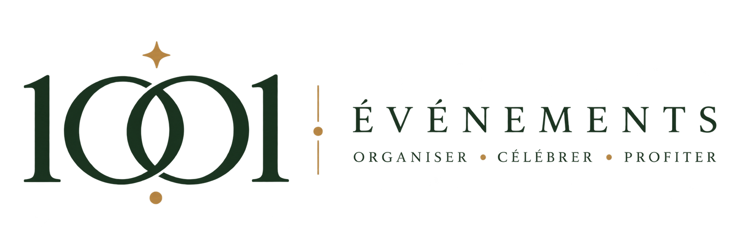 logo 1001événements, feuilles vertes et cercle doré.