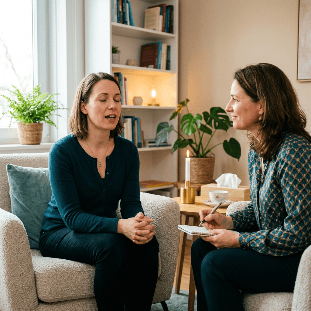 Zwei Frauen in einer ruhigen, dialogischen Sitzung
