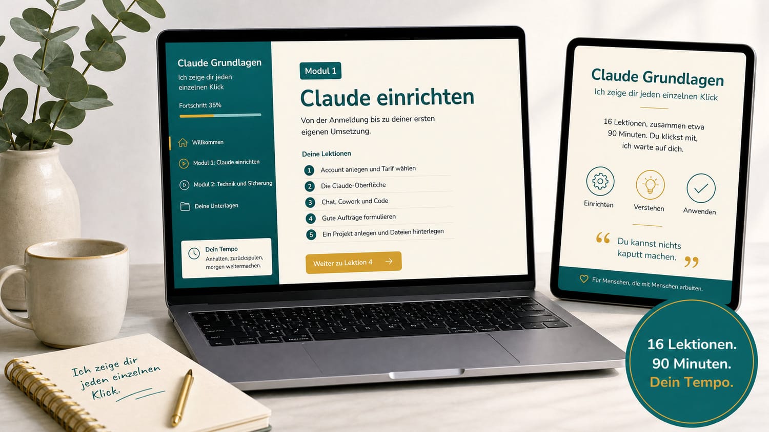 Kursbereich Claude Grundlagen auf Bildschirm und Handy