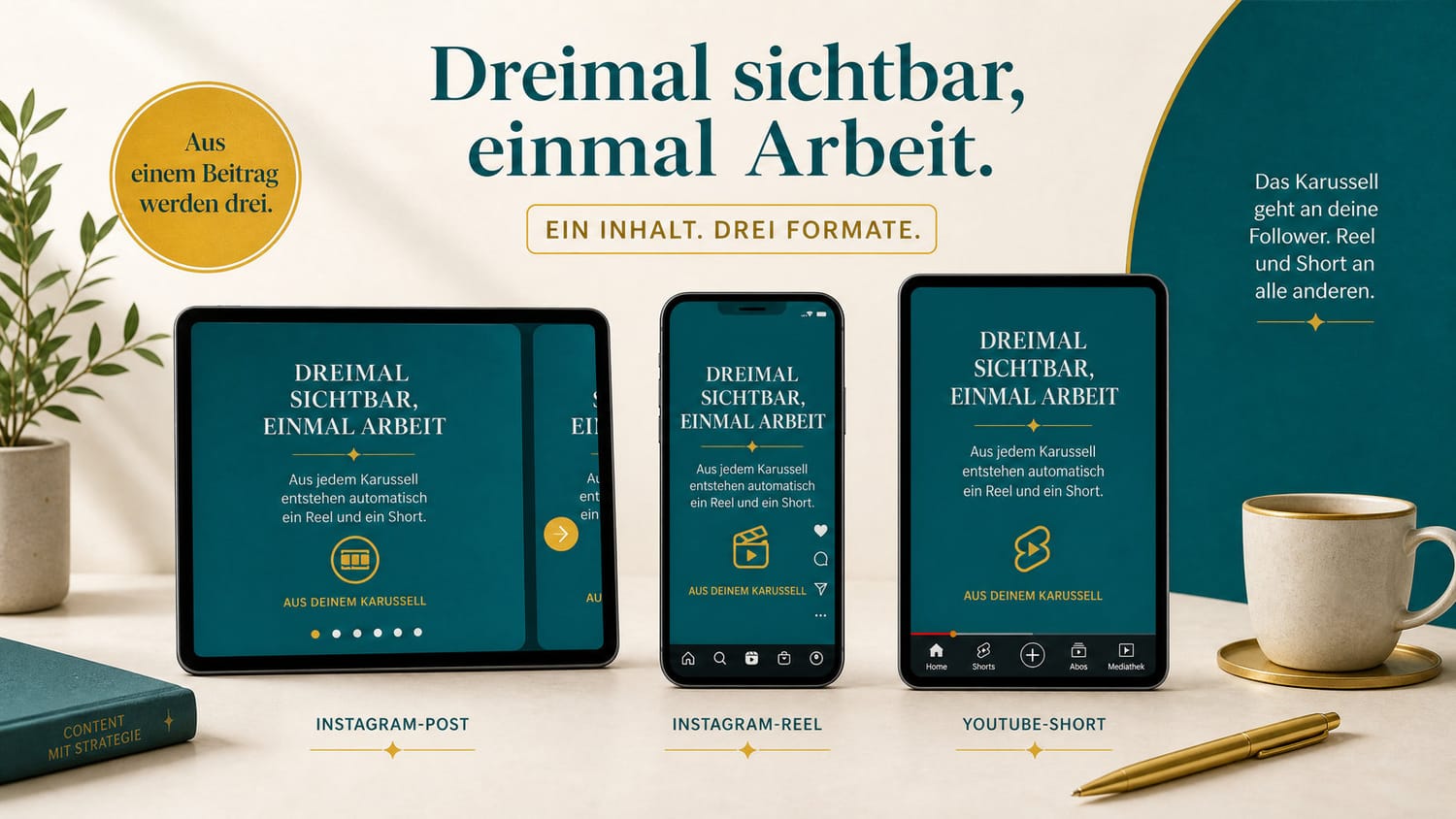 Aus einem Karussellbeitrag entstehen ein Instagram-Reel, ein YouTube-Short und ein TikTok