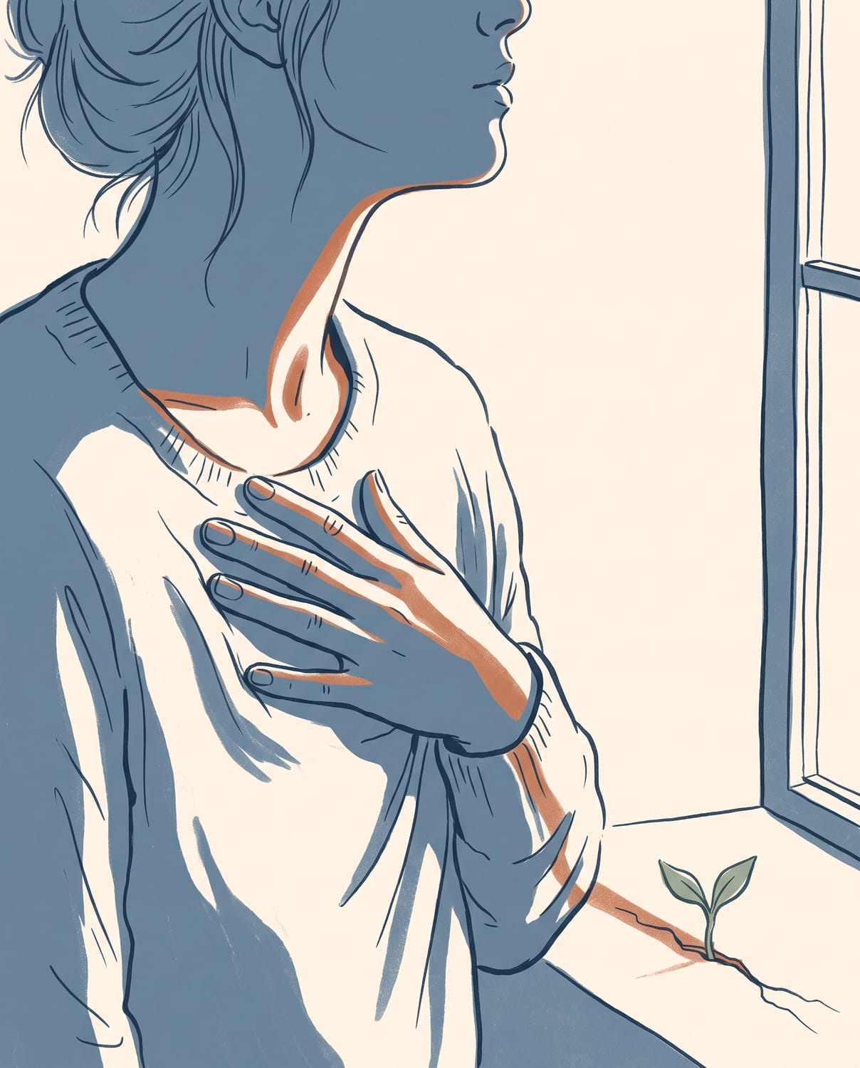 Illustration: Eine Frau sitzt am Morgen am offenen Fenster, eine Hand ruhig auf der Brust. Auf der Fensterbank wächst ein kleiner Trieb aus einem Riss.