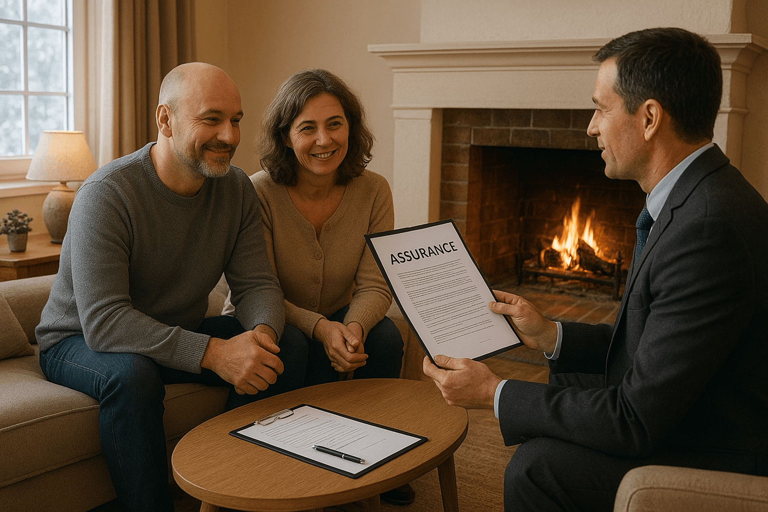 Couple satisfait d'échanger avec son unique interlocuteur d'assurance