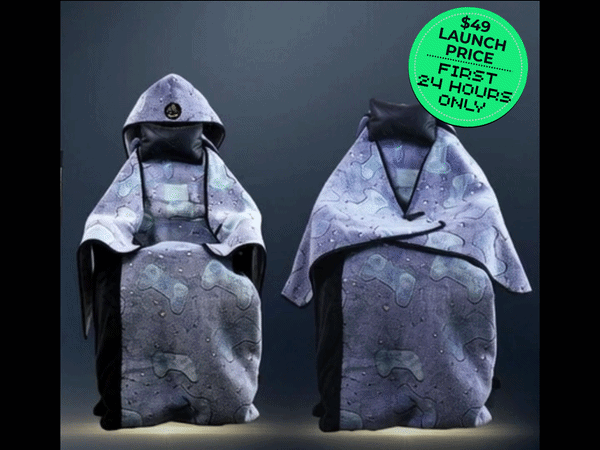The LEVEL UP WRAP gaming chair blanket shown on a gaming chair