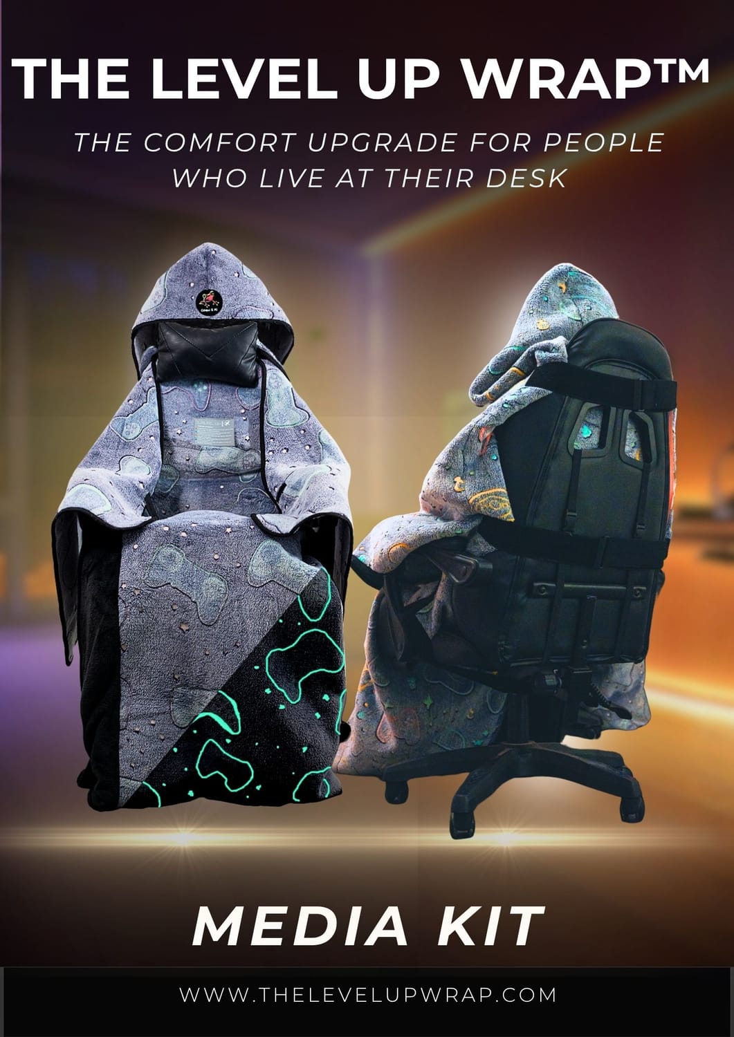 The LEVEL UP WRAP gaming chair blanket shown on a gaming chair