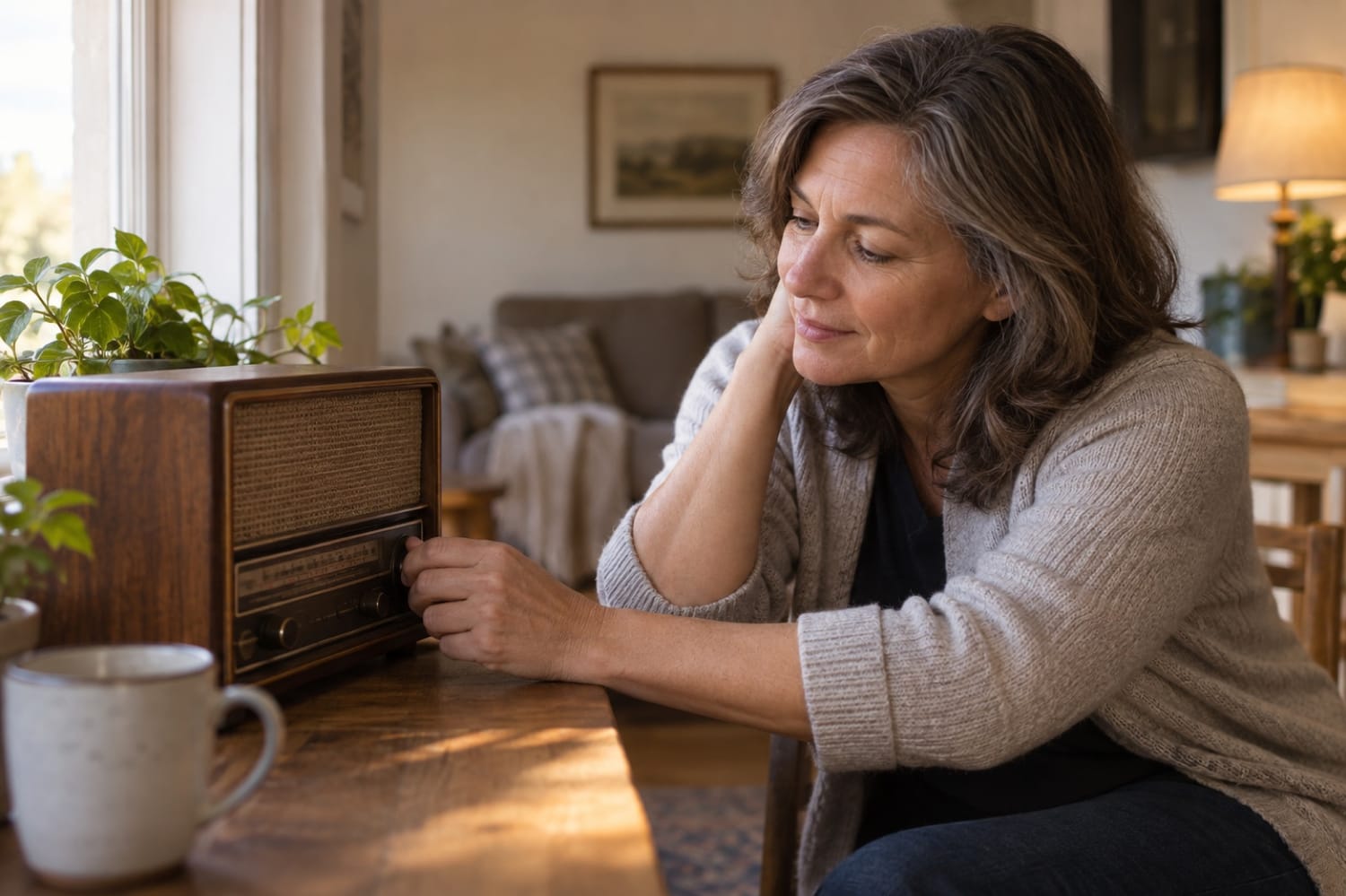 A woman carefully tuning an analog radio