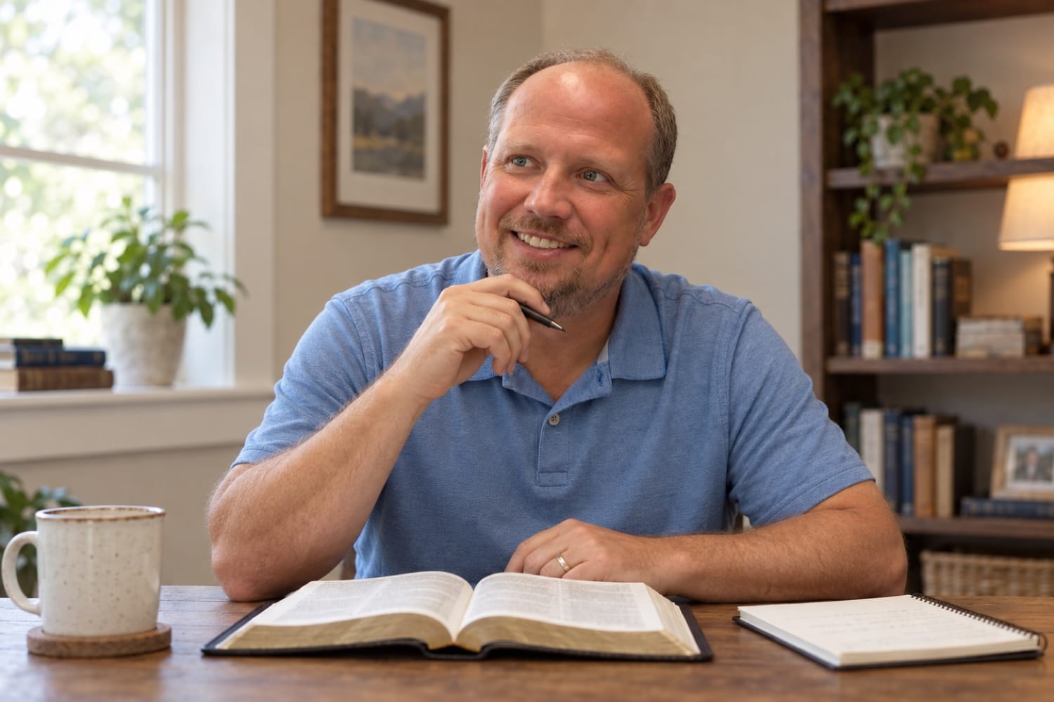 Pastor Nate Skaife thoughtfully reading the Bible