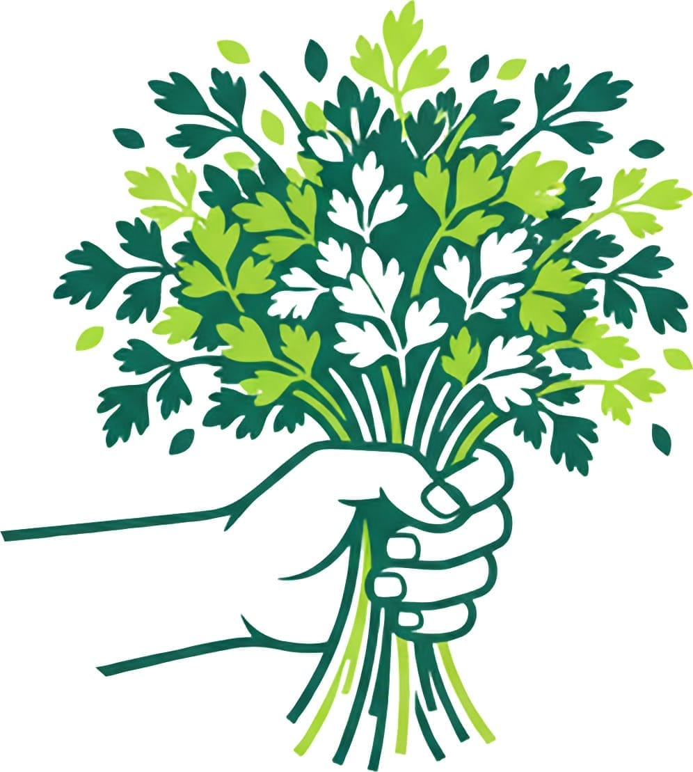 The Logo of Parsley Me This, which is at zeinacooks.com, showing a hand holding a bunck of fresh parsley that resembles a flower bouquet.