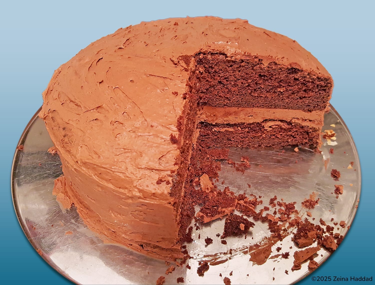 chocolate butter cake with slices cut out showing its inside