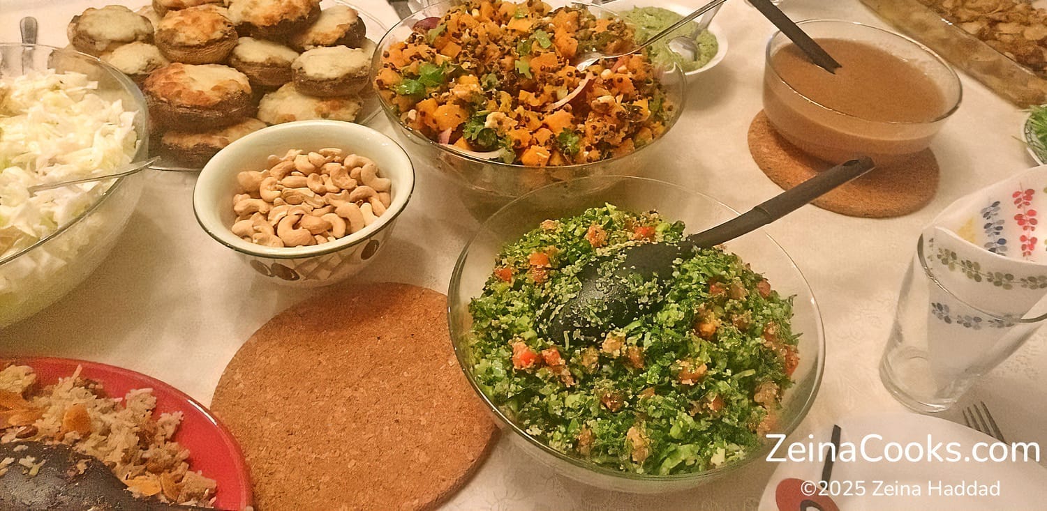 Dinner table of Lebanese Mezze by ZeinaCooks.com