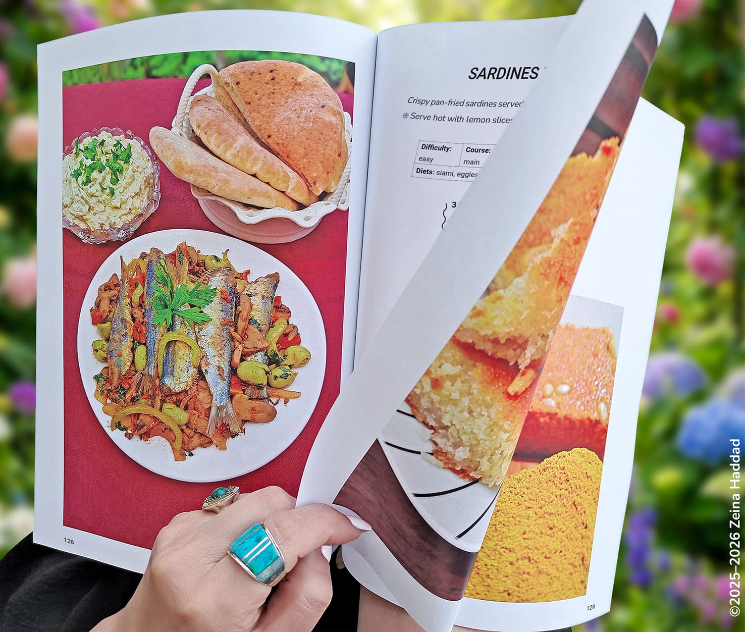 Pan-fried sardines on a bed of sauteed vegetables from main dishes and desserts book by zeina haddad