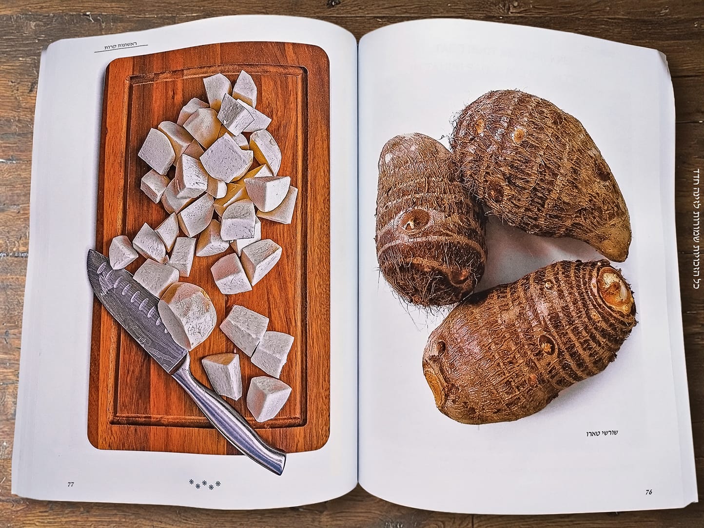 שורשי טארו בהכנה לתבשיל הלבנוני הטבעוני "טארו וחומוס ברוטב טחינה (קֹֹלקאס בִּטחינה)" — מתוך הספר "מרקים וראשונות" של זינה חדד.