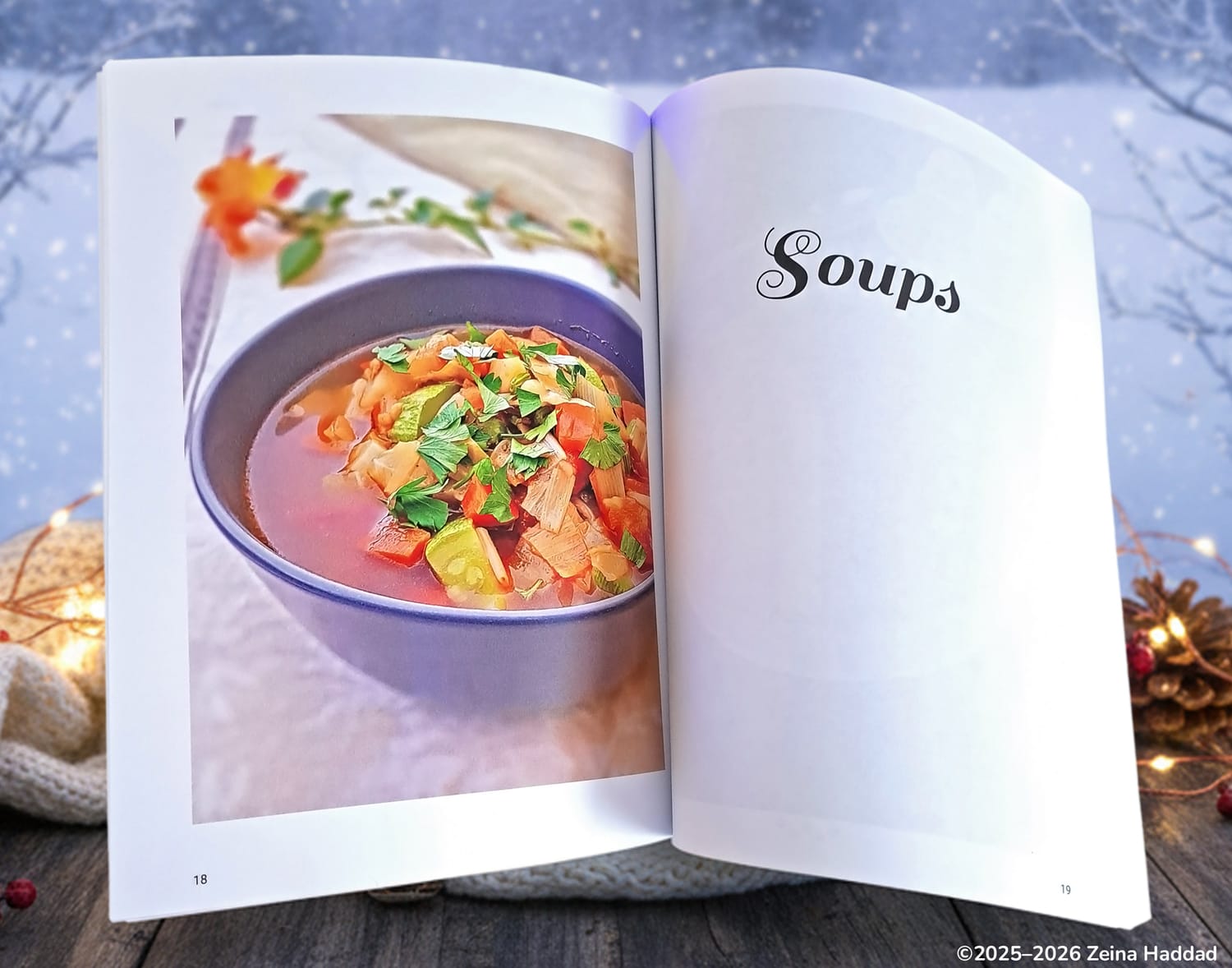 The title page of section "Soups", from the cookbook "spups and appetizers" by zeina haddad.