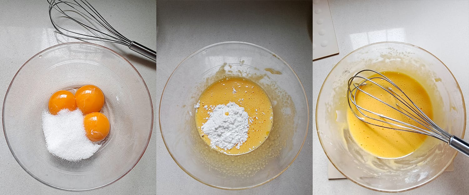 Step-by-step collage showing egg yolks and sugar, then cornstarch whisked into a pale paste for pastry cream