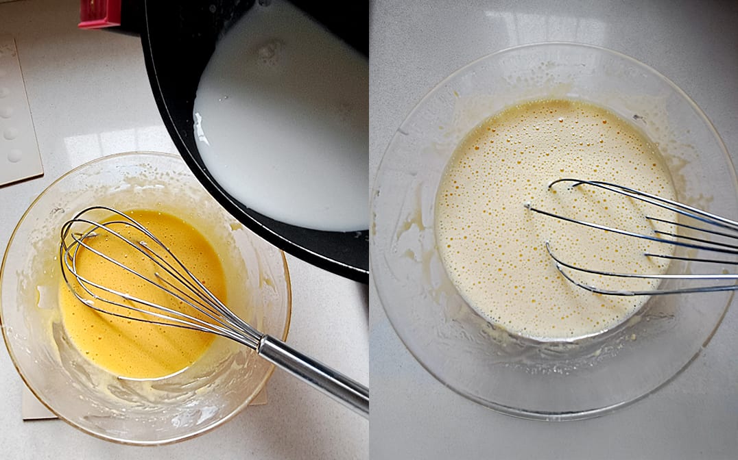 Step-by-step collage showing showing hot milk being poured into beaten yolks and sugar, and the homogenous resulting mixture for pastry cream.