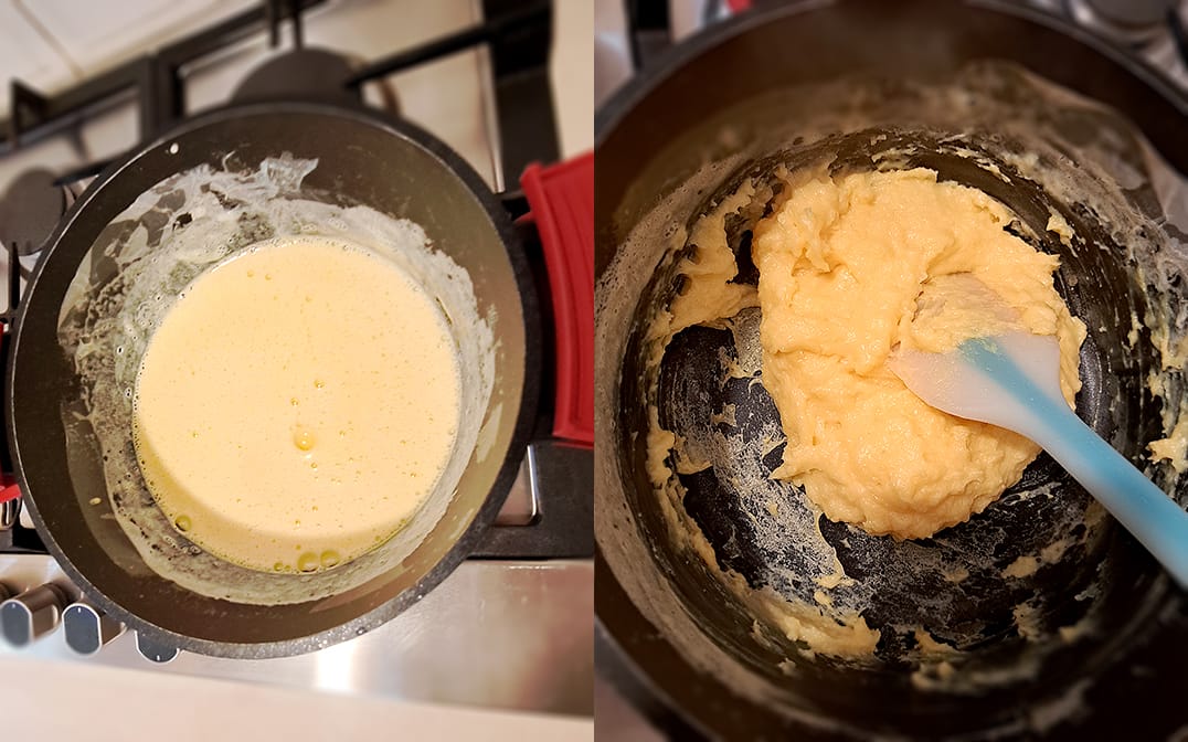 Step-by-step collage showing the egg-milk mixture placed on the heat and the resulting thickened pastry cream.