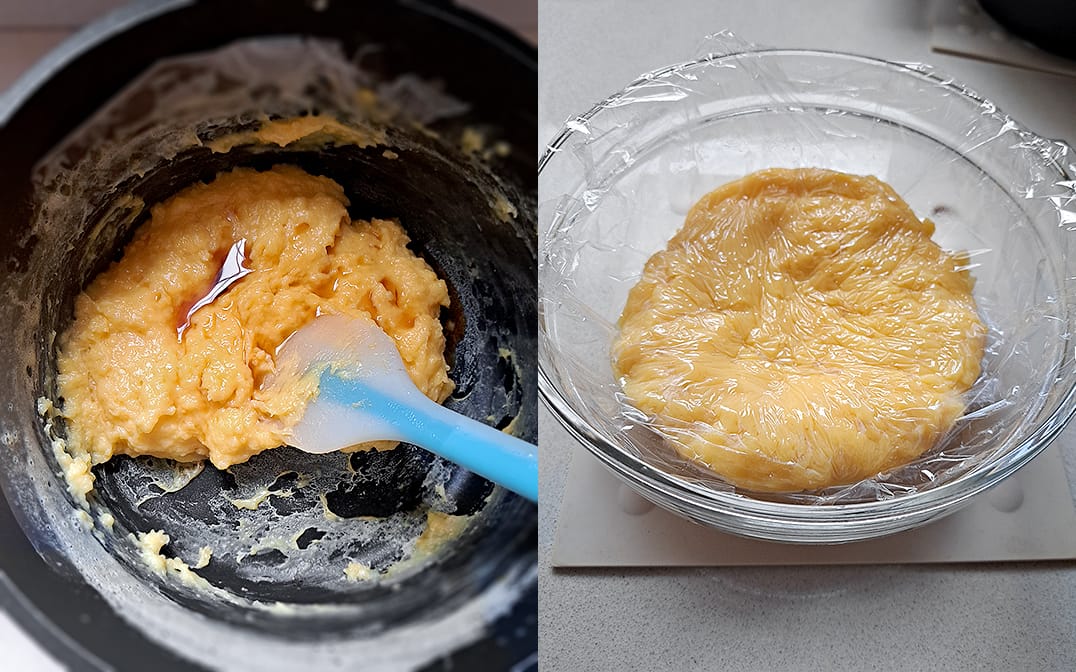 Step-by-step collage showing vanilla extract added to pastry cream, and the finished cream in a bowl covered with plastic wrap directly onto its surface.
