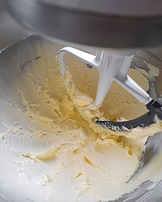 creaming butter in a stand mixer for almond cream