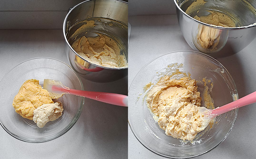 Adding the first spoonful of almond cream to the pastry cream for frangipane