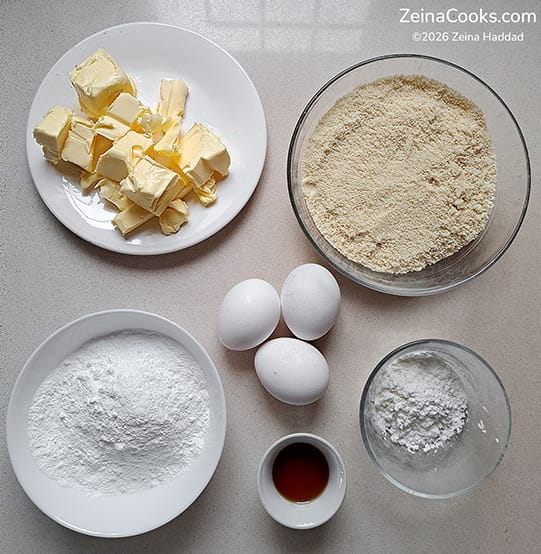 ingredients for almond cream: butter, almond flour, powdered sugar, 3 eggs, rum, cornstarch.