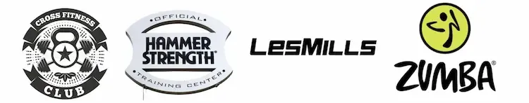 Logos de las marcar Cross Fitness Club, Hammer Strenght, LesMills y Zumba