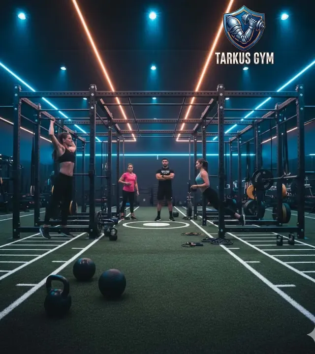 Foto del Área funcional especializada con jaulas, racks y césped sintético para entrenamiento de alta intensidad.