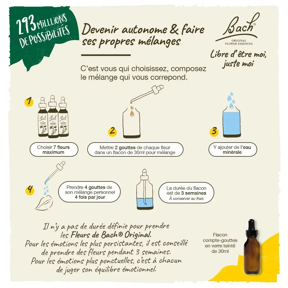 alt="Guide illustré pour préparer son propre mélange de Fleurs de Bach : choisir jusqu'à 7 fleurs, ajouter 2 gouttes de chaque dans un flacon de 30 ml, compléter avec de l'eau minérale, puis prendre 4 gouttes du mélange 4 fois par jour pendant environ 3 semaines."