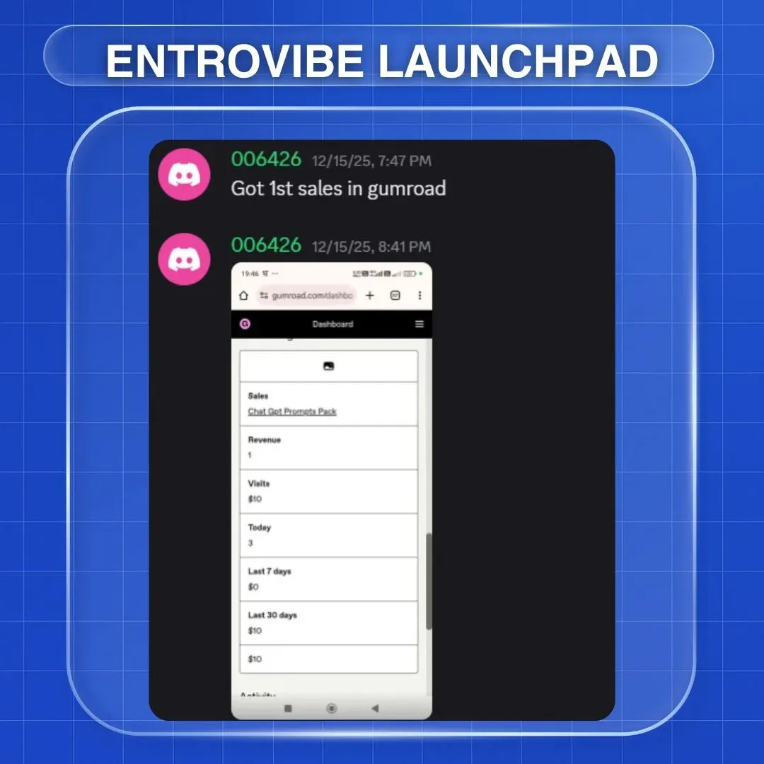Member screenshot showing first Gumroad sales