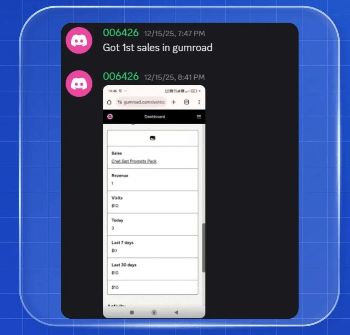 Member screenshot showing first Gumroad sales